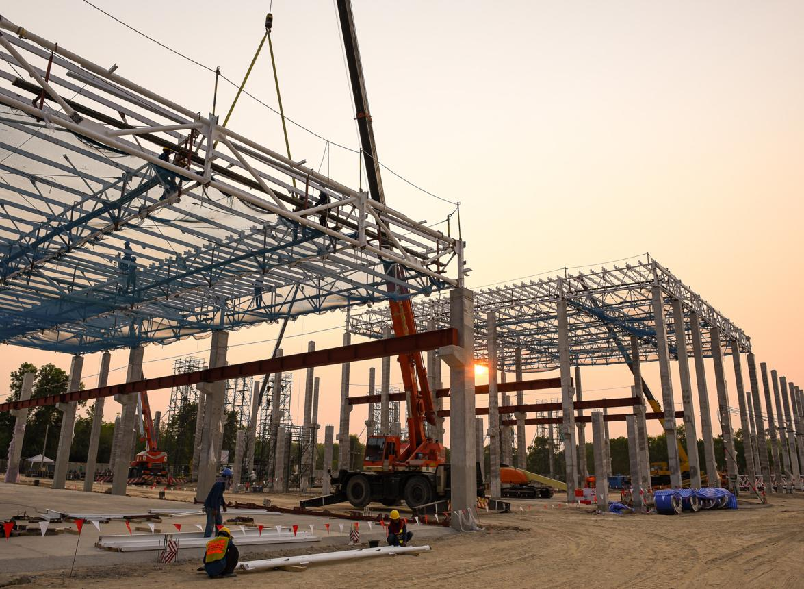 Structural steel erection at an industrial construction site